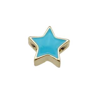 copper Star beads with teal enamel, gold plated, approx 10mm