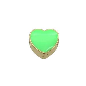 copper Heart beads with green enamel, gold plated, approx 10mm