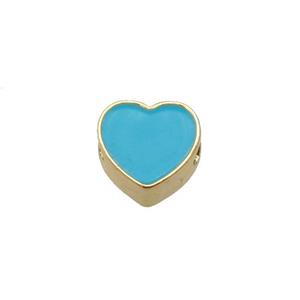 copper Heart beads with teal enamel, gold plated, approx 10mm
