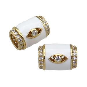 copper Tube beads paved zircon with white enamel, eye, gold plated, approx 12-17mm, 6mm hole