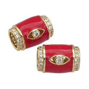 copper Tube beads paved zircon with red enamel, eye, gold plated, approx 12-17mm, 6mm hole
