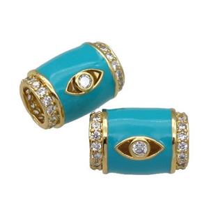 copper Tube beads paved zircon with teal enamel, eye, gold plated, approx 12-17mm, 6mm hole
