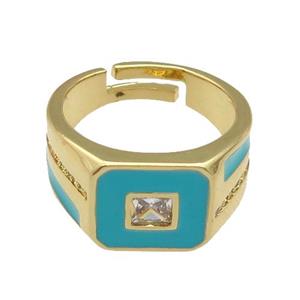 copper Ring paved zircon with teal enamel, gold plated, approx 12mm, 18mm dia