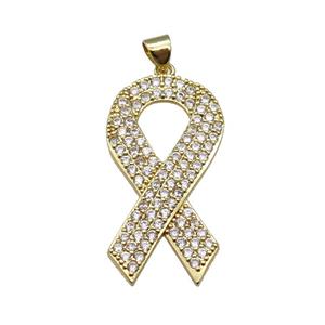 copper pendant paved zircon, Awarenness Ribbons, gold plated, approx 18-35mm