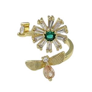 copper Ring paved zircon, flower, gold plated, approx 10-15mm, 14mm, 18mm dia