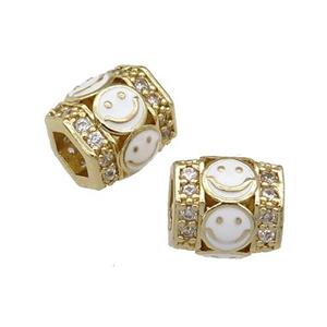 copper Tube beads paved zircon with white enamel smileface, gold plated, approx 9.5mm, 4mm hole