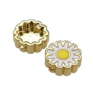 copper Sunflower beads with white enamel, gold plated, approx 11mm dia