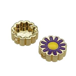 copper Sunflower beads with purple enamel, gold plated, approx 11mm dia