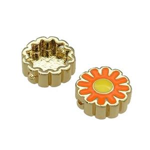 copper Sunflower beads with orange enamel, gold plated, approx 11mm dia