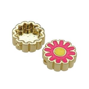 copper Sunflower beads with hotpink enamel, gold plated, approx 11mm dia