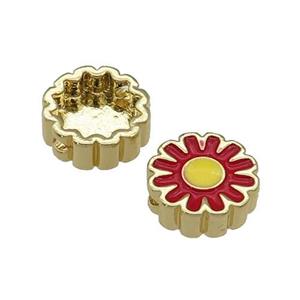 copper Sunflower beads with red enamel, gold plated, approx 11mm dia