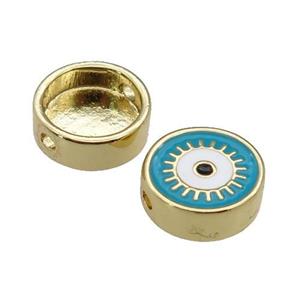 copper circle Eye beads with teal enamel, gold plated, approx 11mm dia