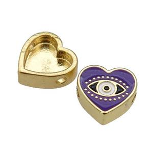 copper Heart beads with purple enamel, Evil Eye, gold plated, approx 11mm