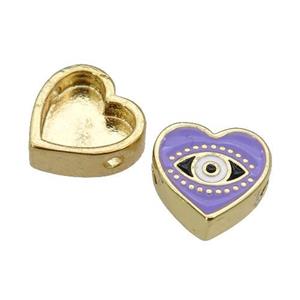 copper Heart beads with lavender enamel, Evil Eye, gold plated, approx 11mm