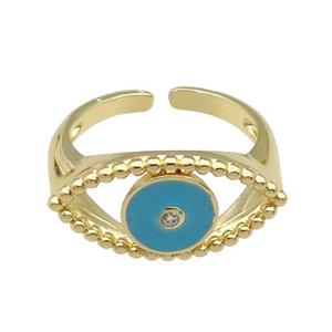 copper Ring with teal enamel Eye, gold plated, approx 11-20mm, 18mm dia