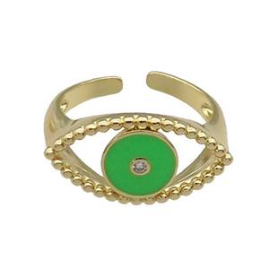 copper Ring with green enamel Eye, gold plated, approx 11-20mm, 18mm dia