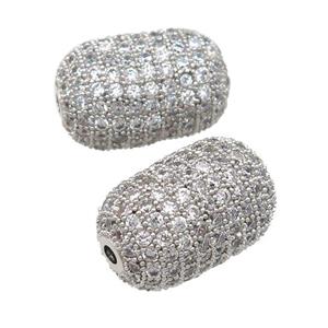 copper barrel Beads pave zircon, platinum plated, approx 12-19mm