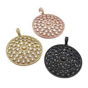 copper circle pendant pave zircon, mixed, approx 40mm dia