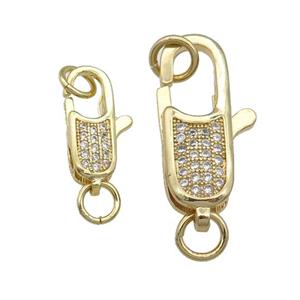 copper Lobster Clasp paved zircon, gold plated, approx 5-14mm