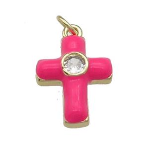 copper Cross pendant pave zircon with hotpink enamel, gold plated, approx 14-18mm