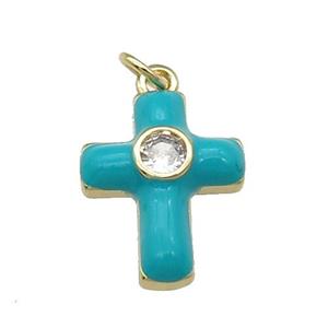 copper Cross pendant pave zircon with teal enamel, gold plated, approx 14-18mm