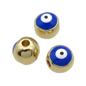 round copper Beads withe royalblue enamel Evil Eye, gold plated, approx 7mm dia