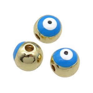 round copper Beads withe blue enamel Evil Eye, gold plated, approx 7mm dia
