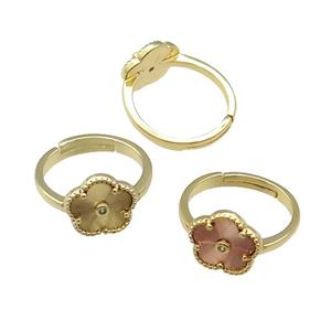 copper Flower Ring, adjustable, gold plated, mixed, approx 12mm, 18mm dia