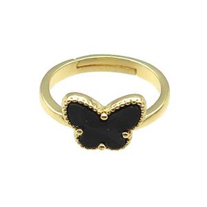 copper Butterfly Ring pave black shell, adjustable, gold plated, approx 10-12mm, 18mm dia