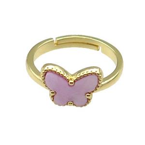 copper pendacopper Butterfly Ring pave lavender shell, adjustable, gold plated, approx 10-12mm, 18mm dia
