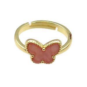 copper Butterfly Ring pave pink shell, adjustable, gold plated, approx 10-12mm, 18mm dia