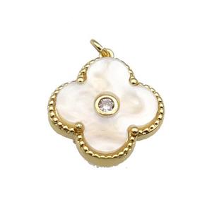 copper Clover pendant pave white shell, gold plated, approx 18mm