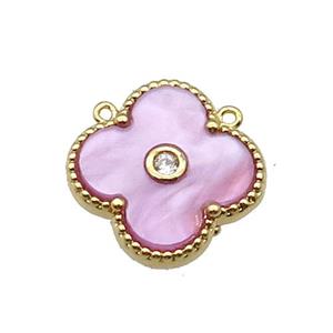 copper Clover pendant pave pink shell, gold plated, approx 18mm