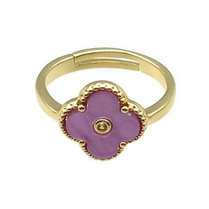 copper Clover Ring pave lavender shell, gold plated, approx 12mm, 18mm dia