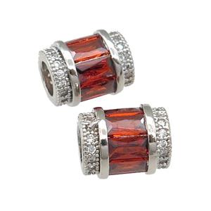 copper tube beads pave red zircon, platinum plated, approx 9-12mm, 5mm hole