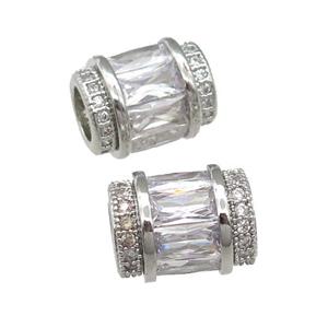 copper tube beads pave clear zircon, platinum plated, approx 9-12mm, 5mm hole