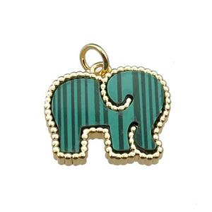 copper Elephant pendant pave malachite, gold plated, approx 14-18mm