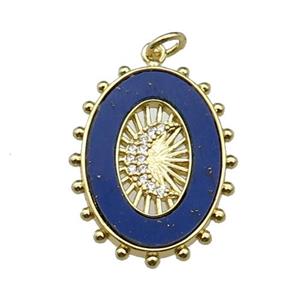 copper oval pendant pave lapis zircon, moon, gold plated, approx 19-25mm