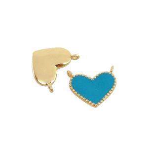 copper Heart pendant with teal enamel, 2loops, gold plated, approx 8-10mm