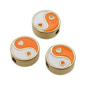 copper Taichi Beads orange enamel, gold plated, approx 10mm