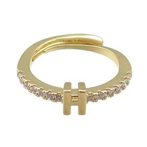 copper Ring pave zircon, letter-H, adjustable, gold plated, approx 18mm dia