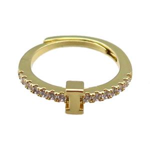 copper Ring pave zircon, letter-I, adjustable, gold plated, approx 18mm dia