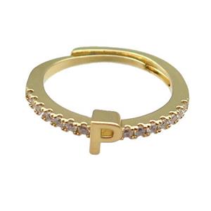 copper Ring pave zircon, letter-P, adjustable, gold plated, approx 18mm dia