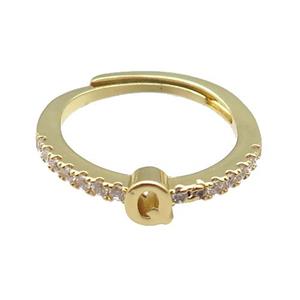 copper Ring pave zircon, letter-Q, adjustable, gold plated, approx 18mm dia