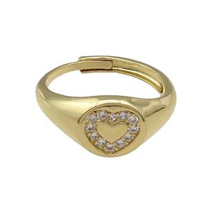copper Heart Ring pave zircon, adjustable, gold plated, approx 10mm, 18mm dia