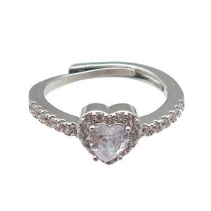 copper Heart Ring pave zircon adjustable platinum plated, approx 8mm, 18mm dia