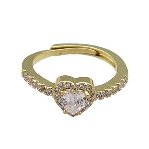 copper Heart Ring pave zircon adjustable gold plated, approx 8mm, 18mm dia
