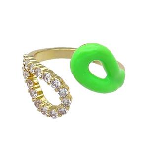copper Ring pave zircon with green enamle gold plated, approx 9mm, 18mm dia