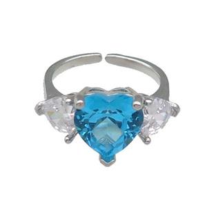 copper Heart Ring pave zircon aqua adjustable platinum plated, approx 11mm, 6mm, 18mm dia