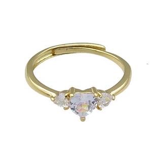 copper Heart Ring pave zircon adjustable gold plated, approx 6mm, 3mm, 18mm dia